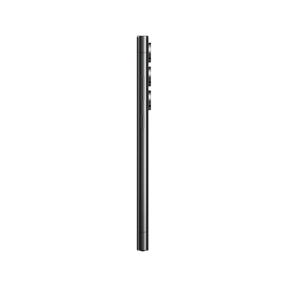 Samsung Galaxy S23 Ultra siyah akıllı telefonun yandan görünümü, ince gövde ve kamera çıkıntısı detaylı