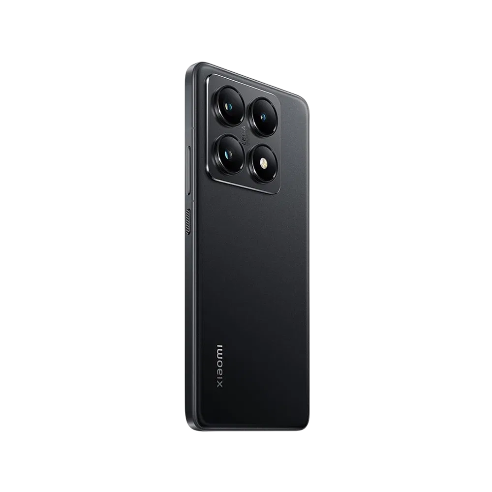 Siyah Xiaomi 14T Pro akıllı telefonun arka yüzü, dört kameralı kare kamera modülüyle görünüm