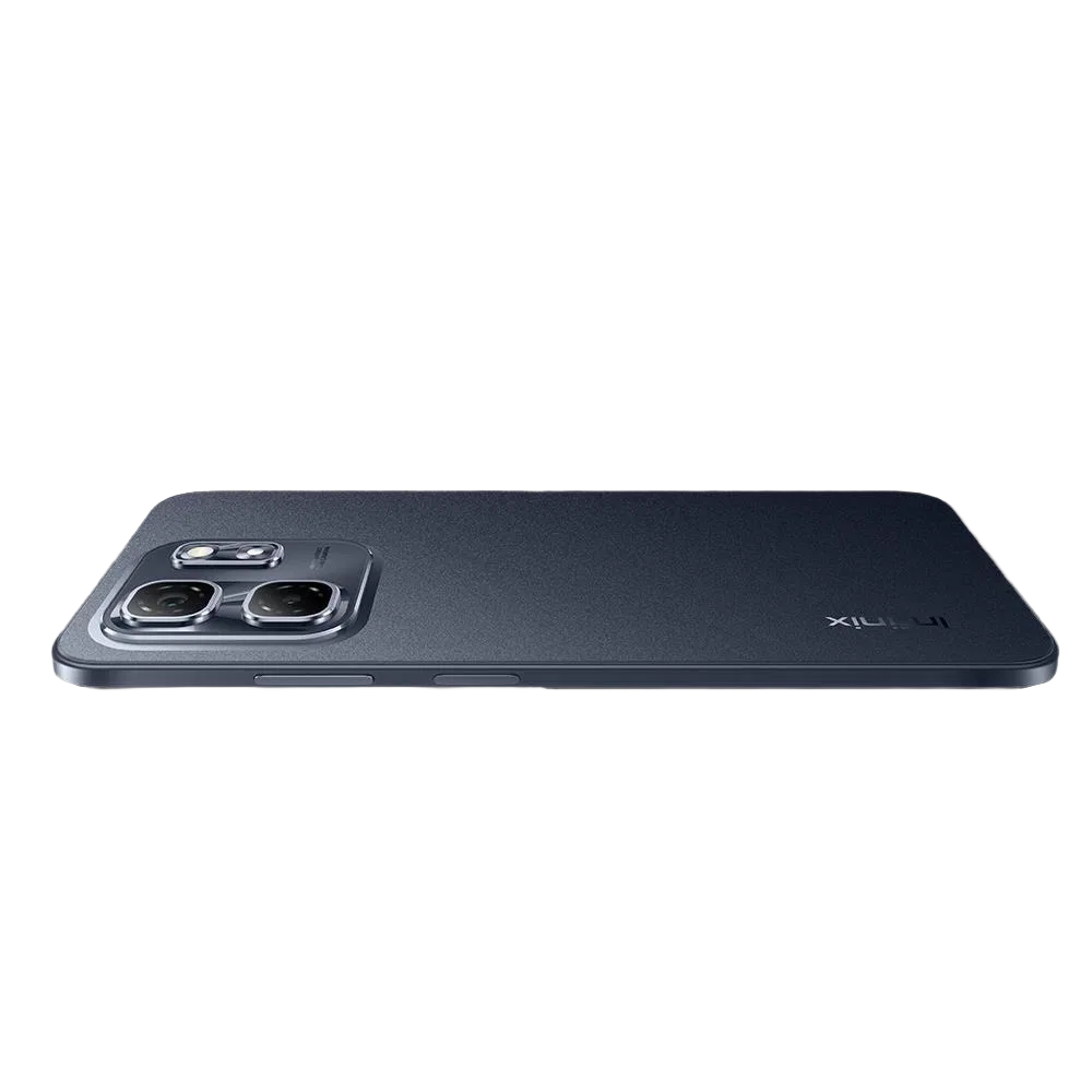 Siyah Infinix Hot 50i akıllı telefonun arka tasarımı, çift kamera modülü ve yan tuşlarıyla görünüm