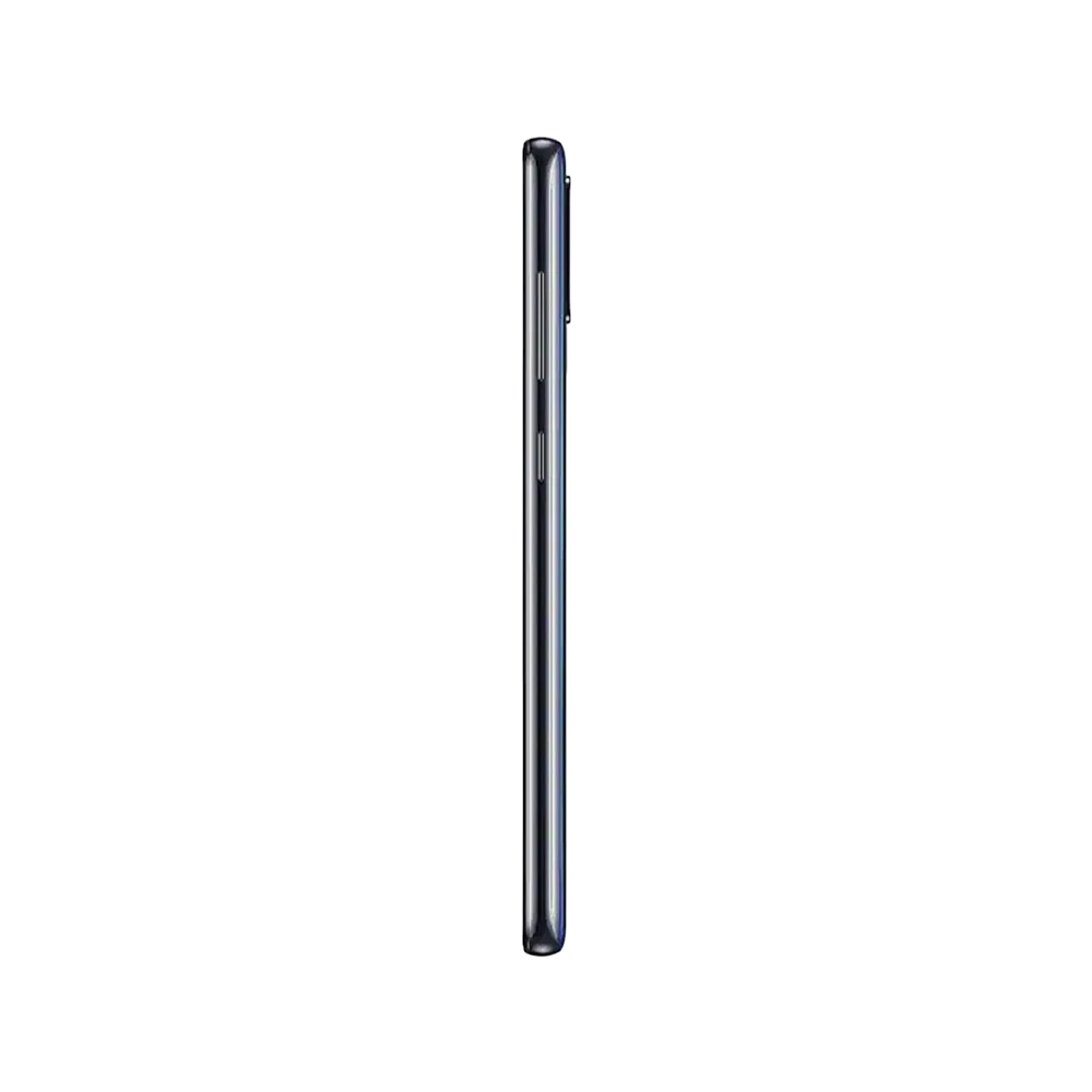 Samsung Galaxy A21s siyah akıllı telefonun yan profili, ince gövde ve tuş detaylarıyla görünüm