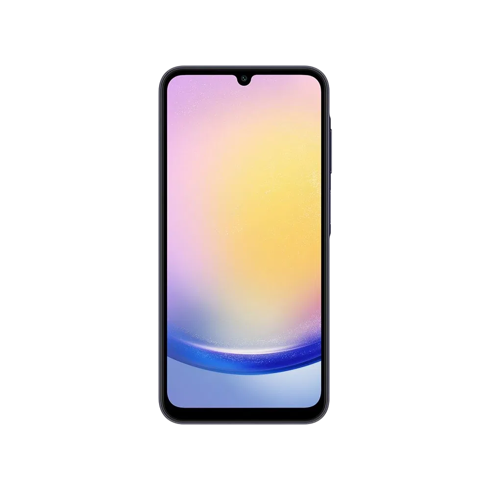 Samsung Galaxy A25 siyah akıllı telefon, önden görünüm, damla çentikli ekran ve ince çerçeve tasarımı