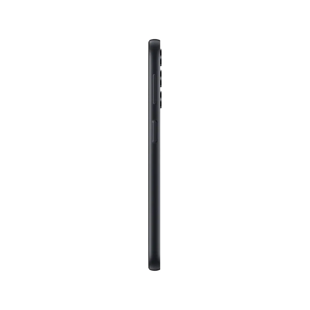 Samsung Galaxy A24 siyah akıllı telefonun yandan görünümü, ince çerçeve ve yan tuş detayları