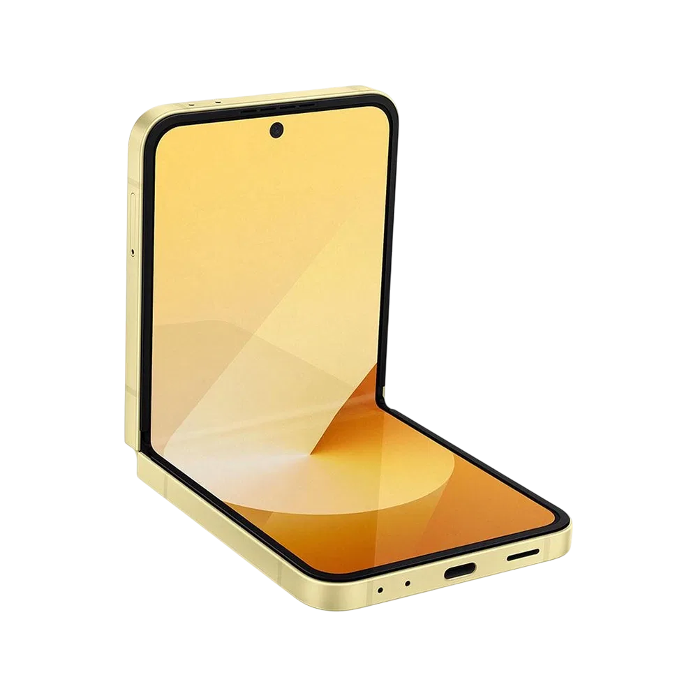 Sarı Samsung Galaxy Z Flip6 katlanabilir akıllı telefon, açık konumda ekranı ve ince çerçevesiyle önden görünüm