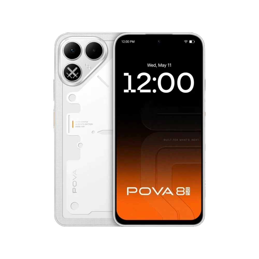 Tecno Pova 8 5G beyaz akıllı telefon; çift arka kamera ve ön ekran üzerinde 1:20 saat görünüyor