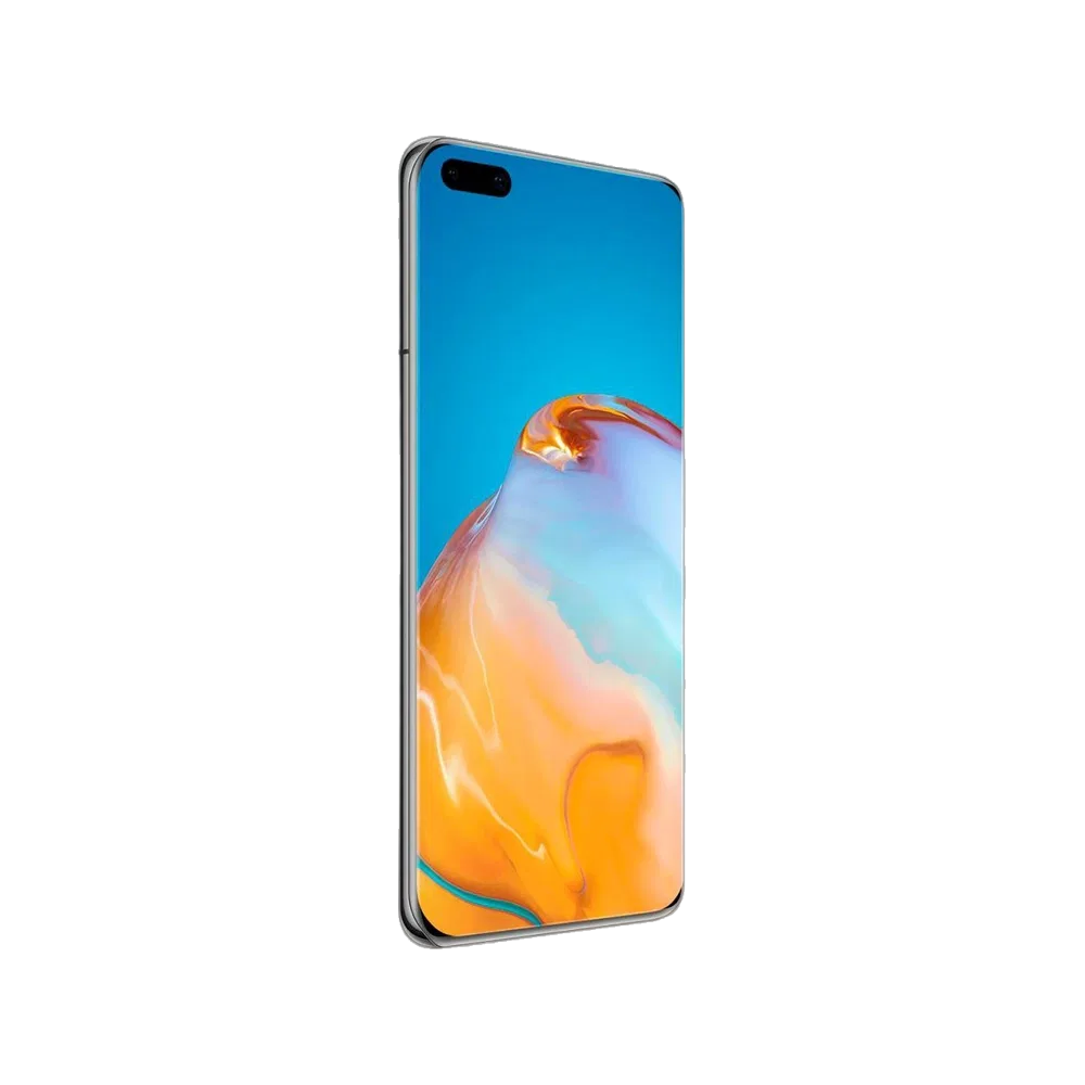 Huawei P40 Pro siyah akıllı telefon, renkli ekranı ve üst köşedeki çift ön kamera yuvasıyla önden görünür