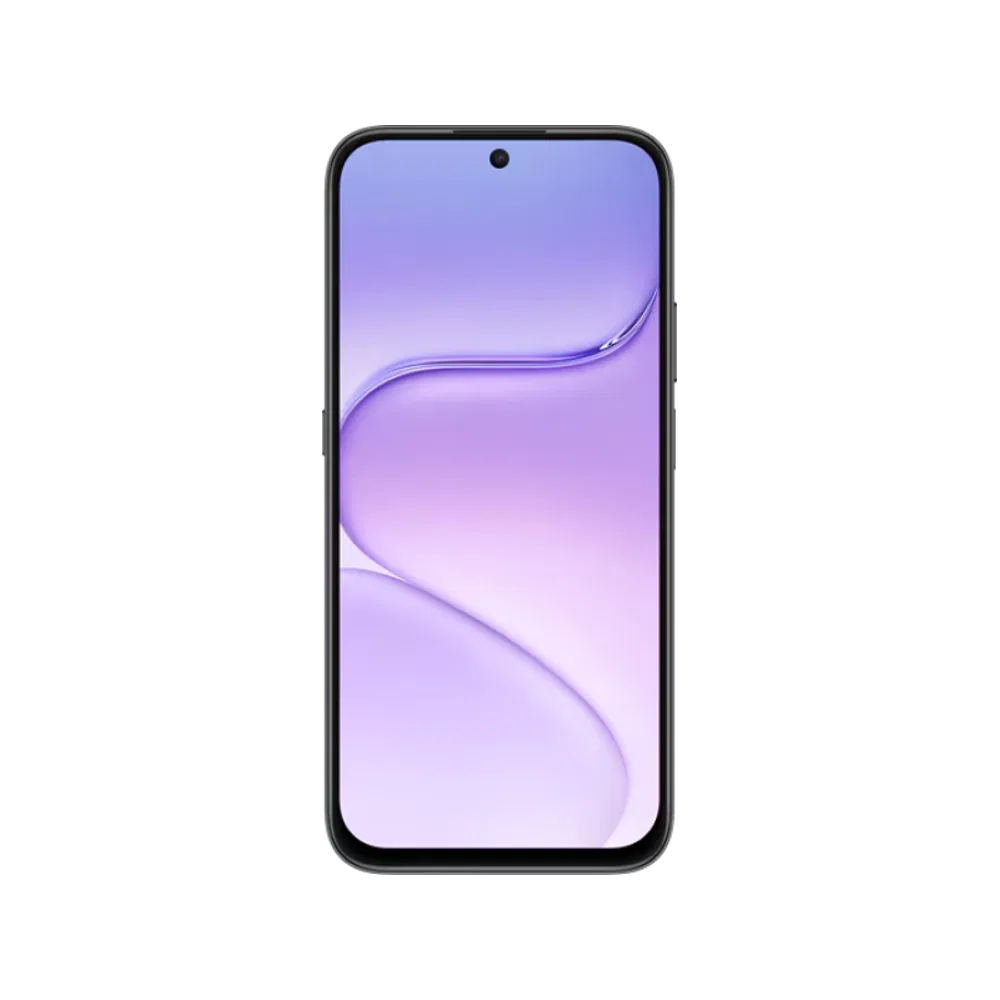 Honor X7e Plus siyah akıllı telefon ekranı açık, zarif mor-mavi arka planlı vitrin görünümü