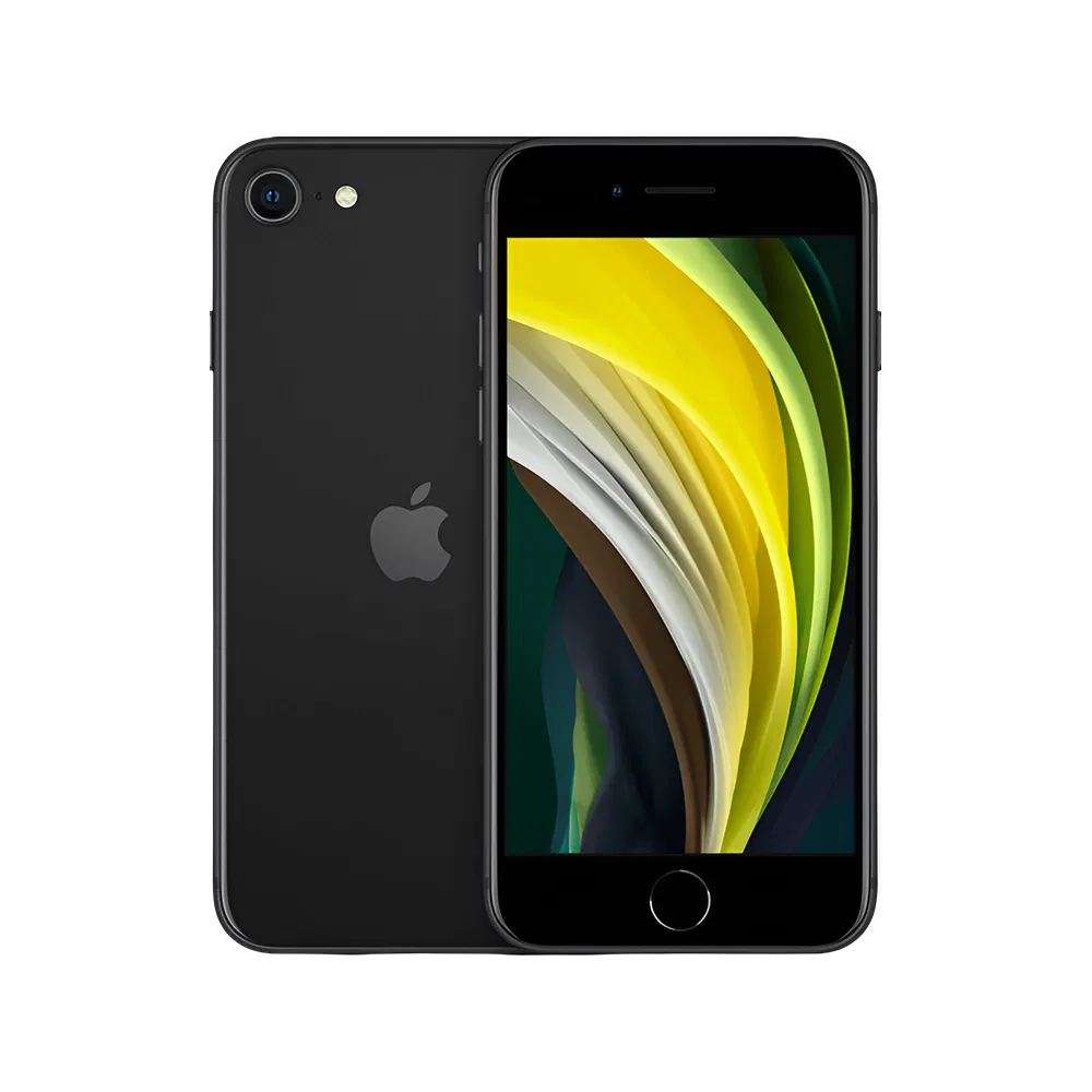 Apple iPhone SE 2020 siyah akıllı telefon, ön ekran ve arka yüzü birlikte gösteren vitrin çekimi