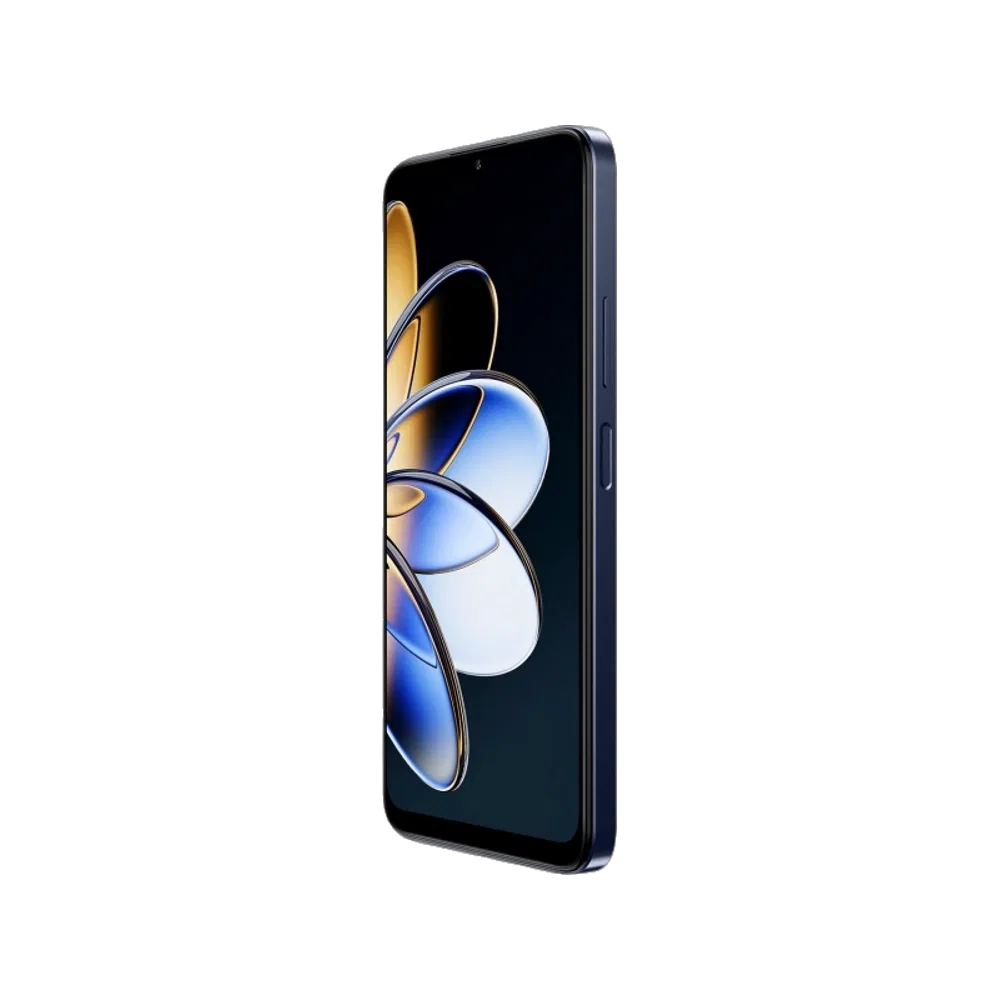 General Mobile GM 26 One 5G lacivert telefon, ekranı ve ince yan profiliyle üç çeyrek açıdan görünür.