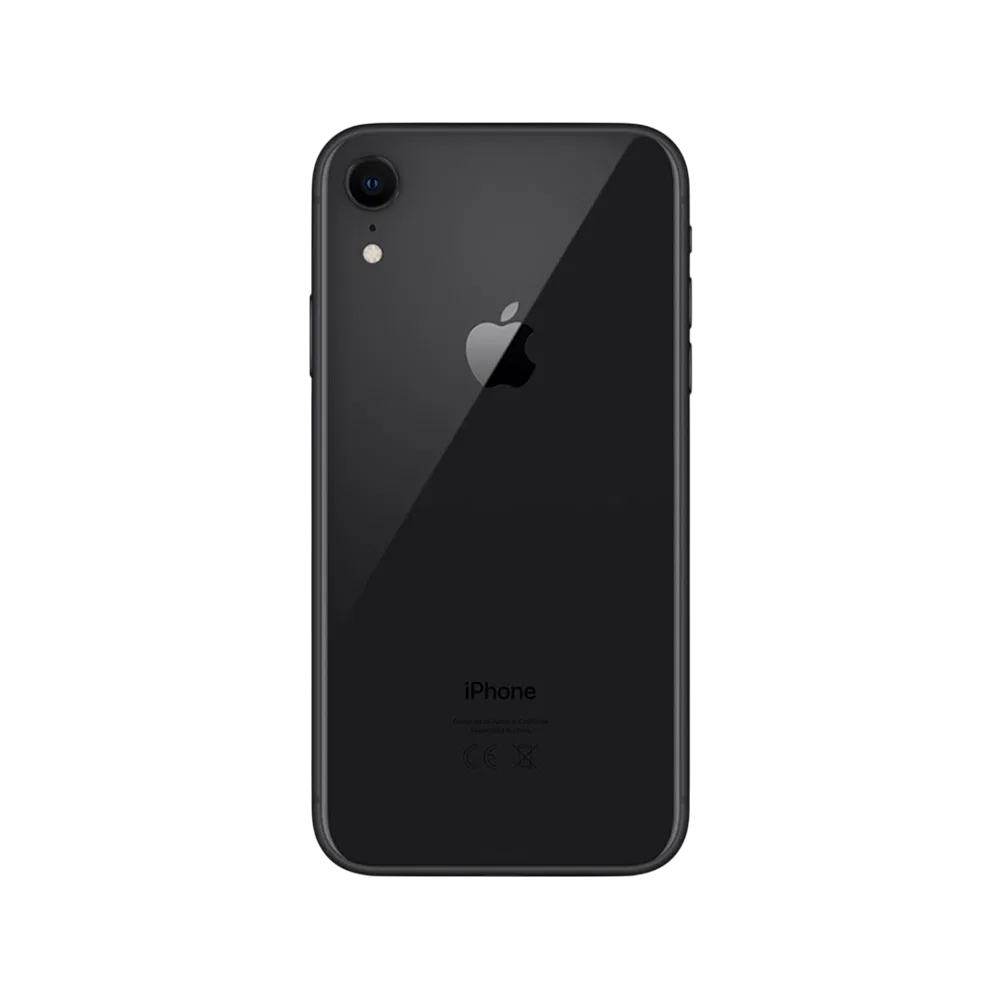 Siyah Apple iPhone XR akıllı telefon, tek arka kameralı ve parlak cam arka yüzey görünümü