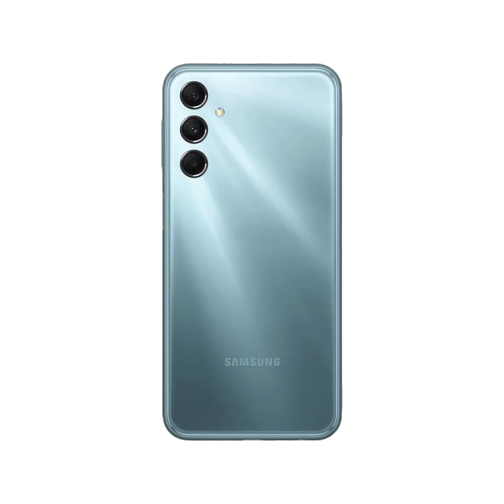 Mavi Samsung M34 5G akıllı telefonun üçlü arka kamera ve marka logolu arka yüzü