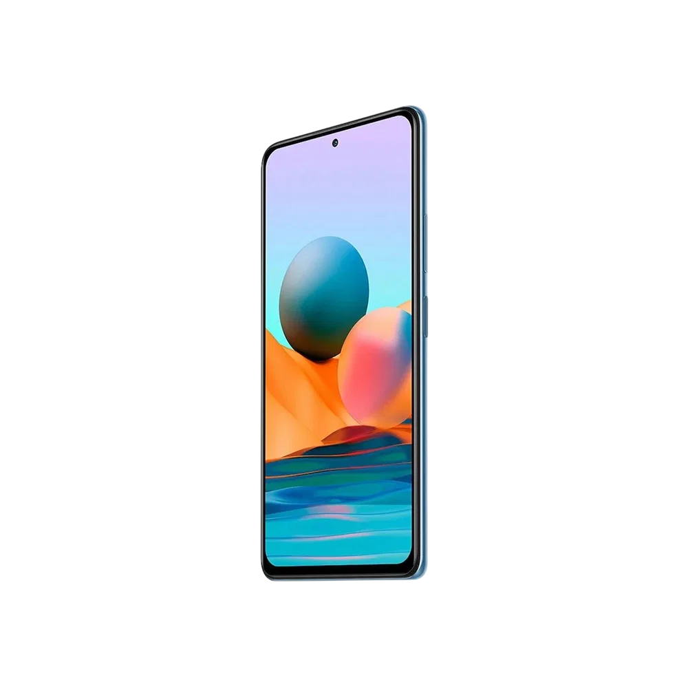 Xiaomi Redmi Note 10 Pro mavi akıllı telefon, ince çerçeveli ekran ve ön kamera delikli tasarım görünüyor