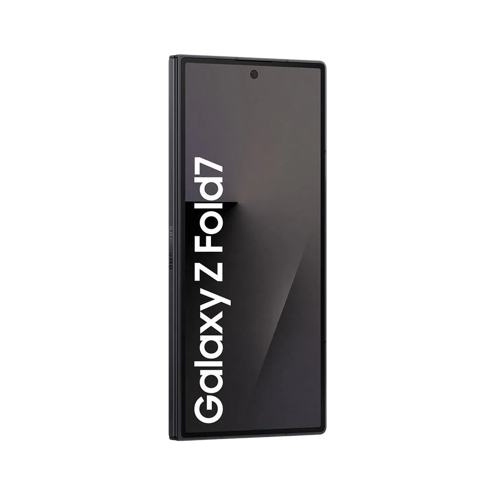 Siyah Samsung Galaxy Z Fold7 akıllı telefon, kapalı halde ön ekran ve katlanır tasarımıyla önden görünüm