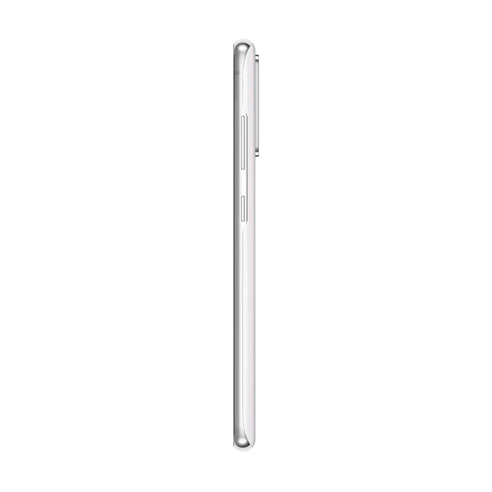 Beyaz Samsung Galaxy S20 FE akıllı telefonun yan profili, ince gövde ve yan tuş detaylarıyla
