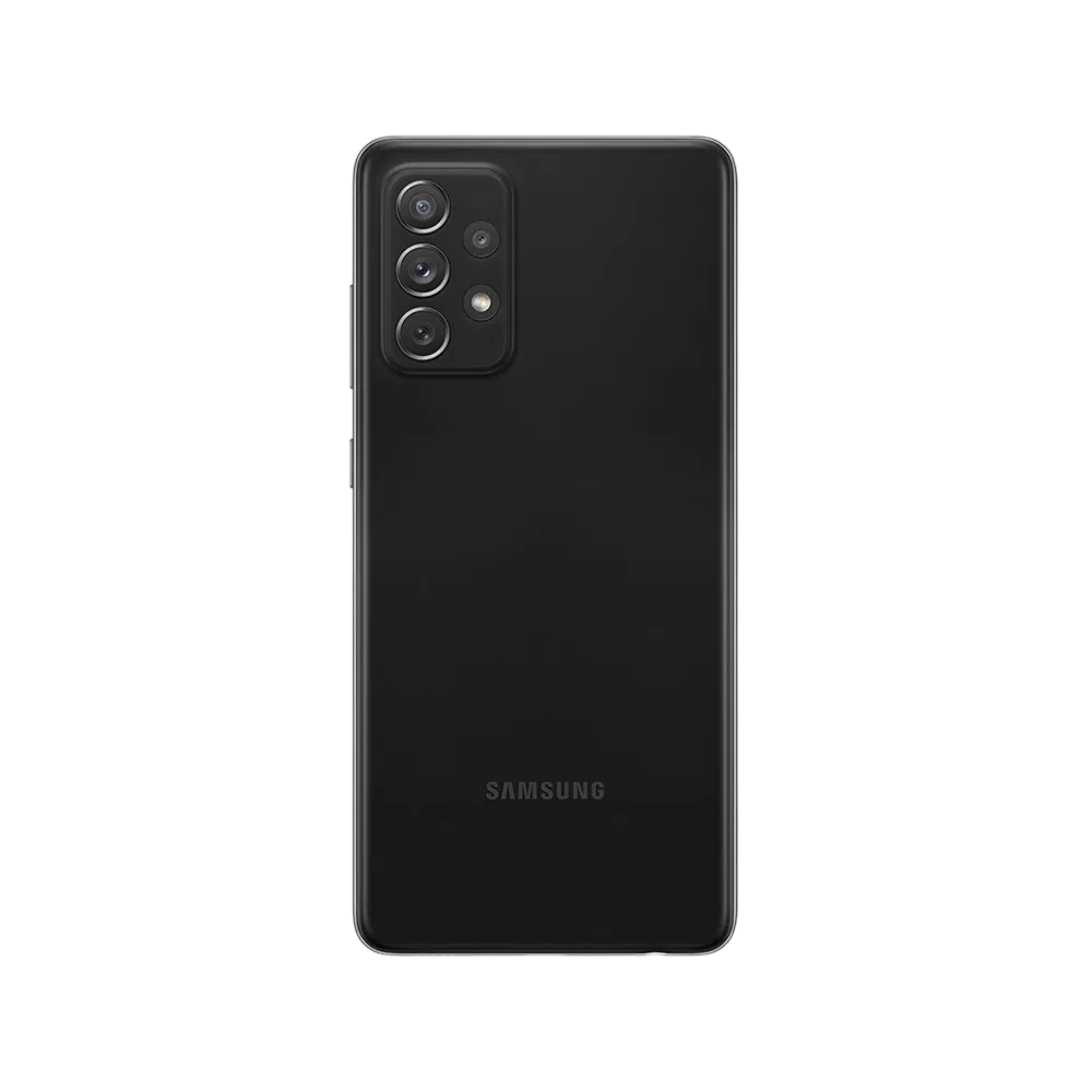 Siyah Samsung Galaxy A72 akıllı telefonun arka yüzü, dörtlü kamera modülü ve flaş detayıyla görünüm