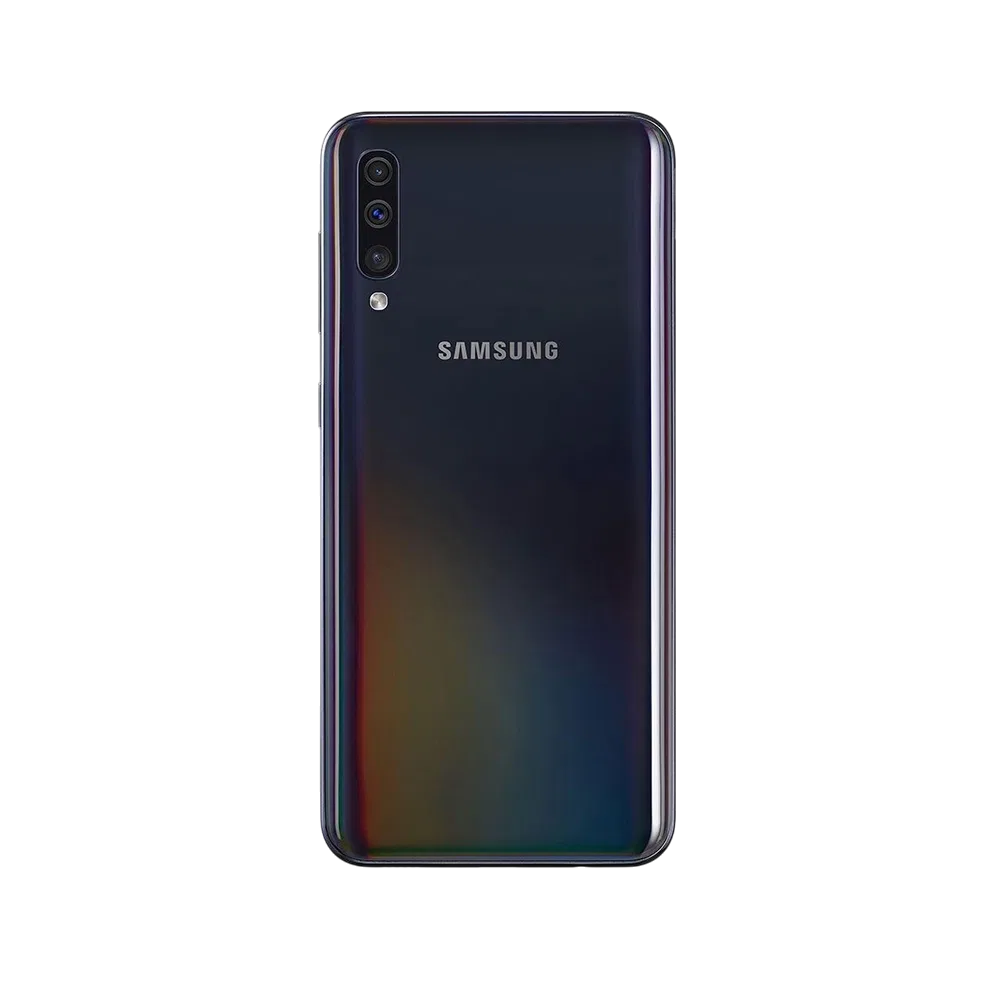 Samsung Galaxy A50 siyah akıllı telefonun arka yüzü, üçlü kamera ve LED flaş detayıyla görünüyor
