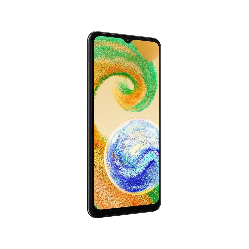 Samsung Galaxy A04s siyah akıllı telefon, ön yüz ekran tasarımı ve ince çerçeveli görünüm