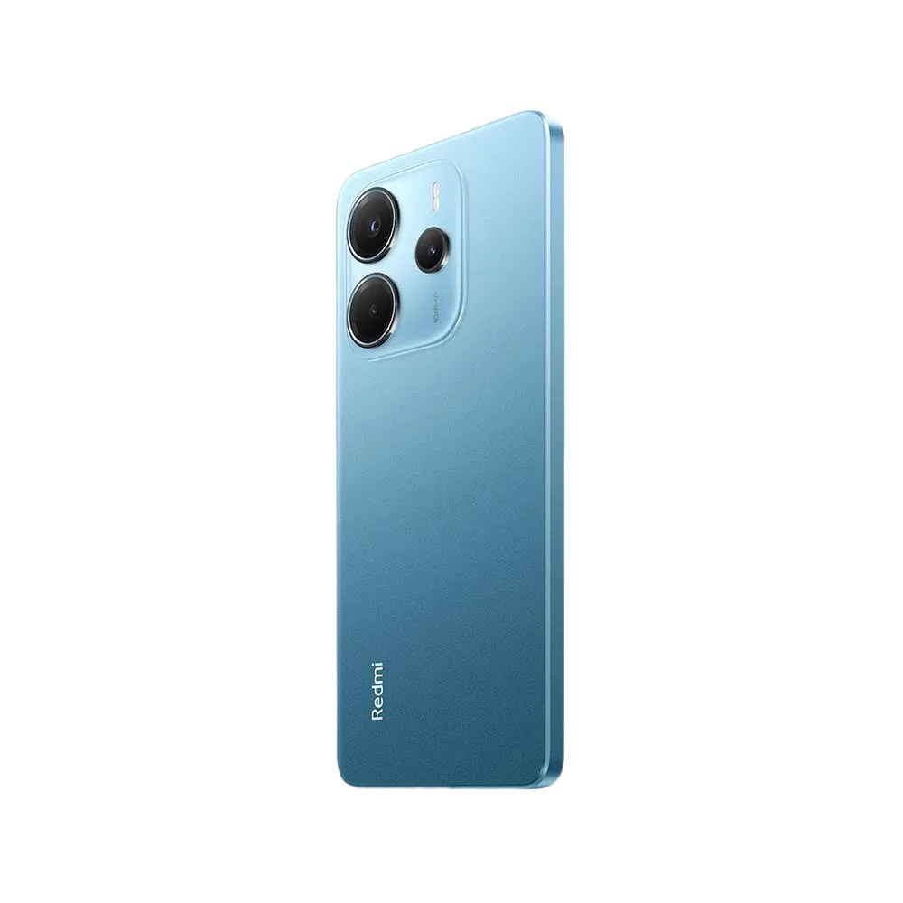 Xiaomi Redmi Note 14 mavi akıllı telefon, üçlü arka kamera modülü ve düz kenarlı ince tasarım