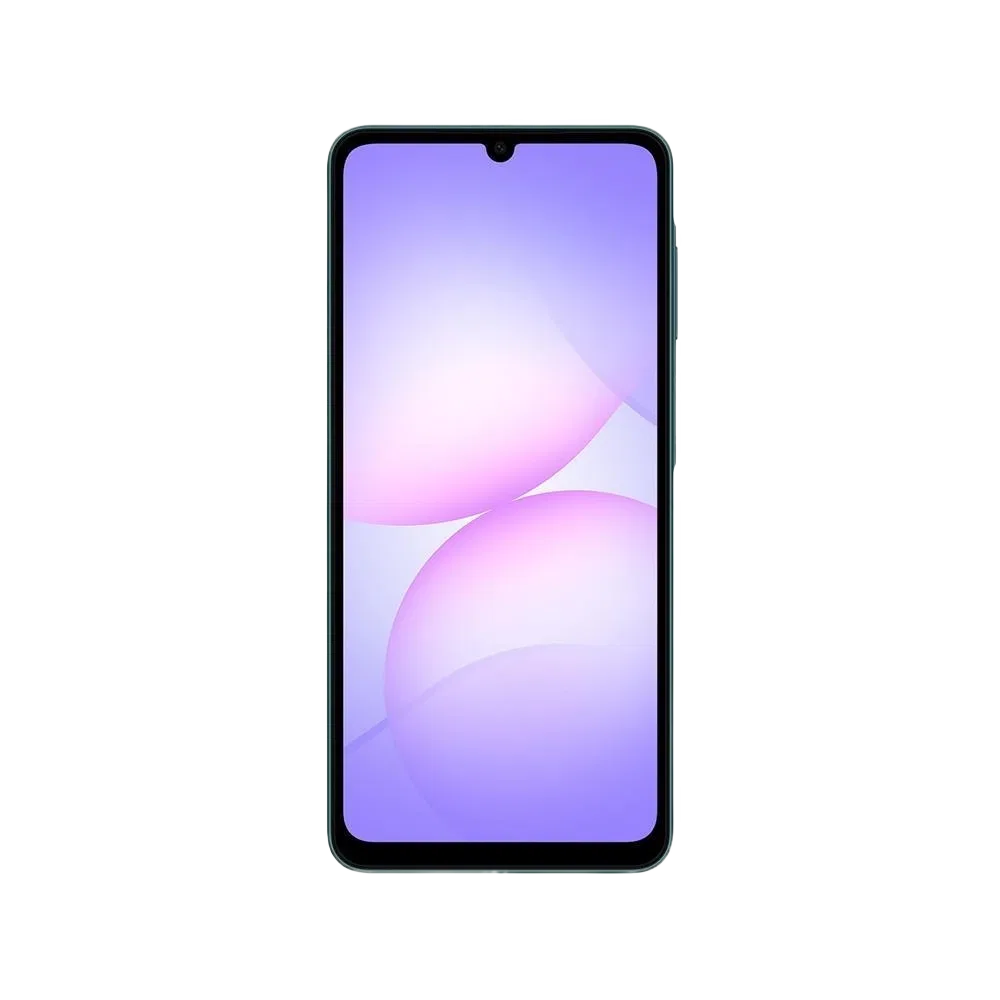 Samsung Galaxy A07 mor akıllı telefon, önden görünüm; geniş ekran ve damla çentikli tasarım