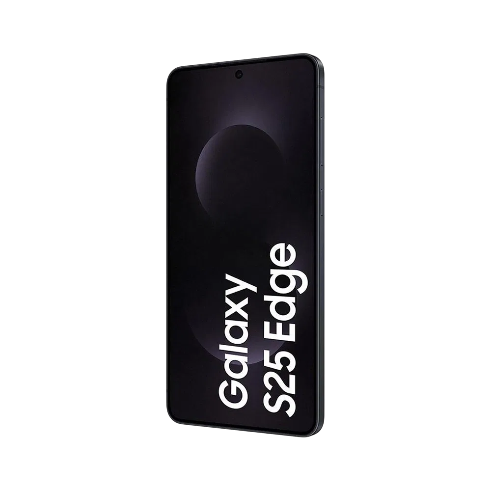 Siyah Samsung Galaxy S25 Edge akıllı telefon, ince çerçeveli ekran ve ortada ön kamera deliğiyle önden görünüm