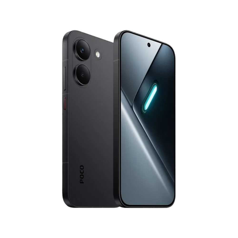 Siyah Poco X8 Pro akıllı telefon, ön ekranı ve çift arka kameralı ince tasarımıyla açıdan görünüm