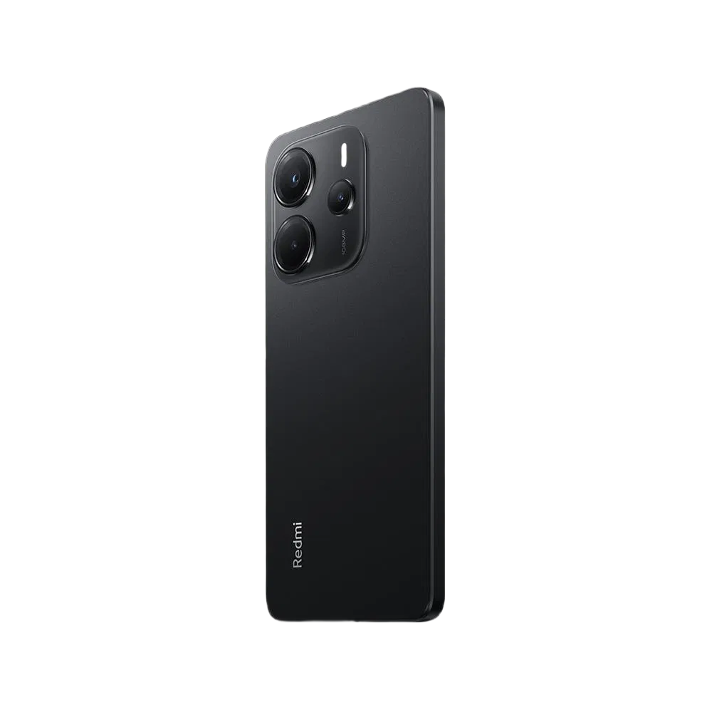 Xiaomi Redmi Note 14 5G siyah akıllı telefon, üçlü arka kamera modülü ve mat arka kapak tasarımı