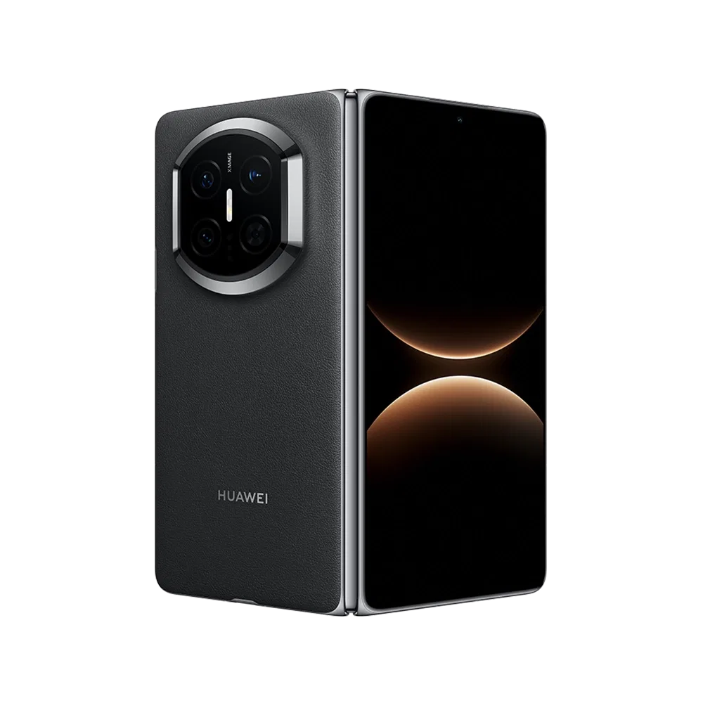 Huawei Mate X7 siyah akıllı telefon, katlanabilir tasarım ve büyük ekran ile arka çoklu kamera modülüyle görünüm
