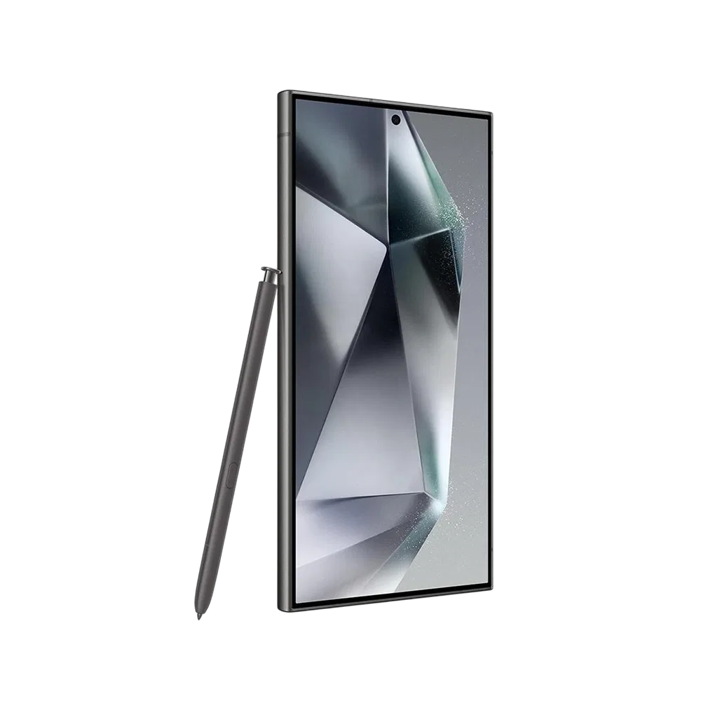 Titanyum Siyah Samsung Galaxy S24 Ultra akıllı telefon, geniş ekran ve S Pen ile önden görünüm