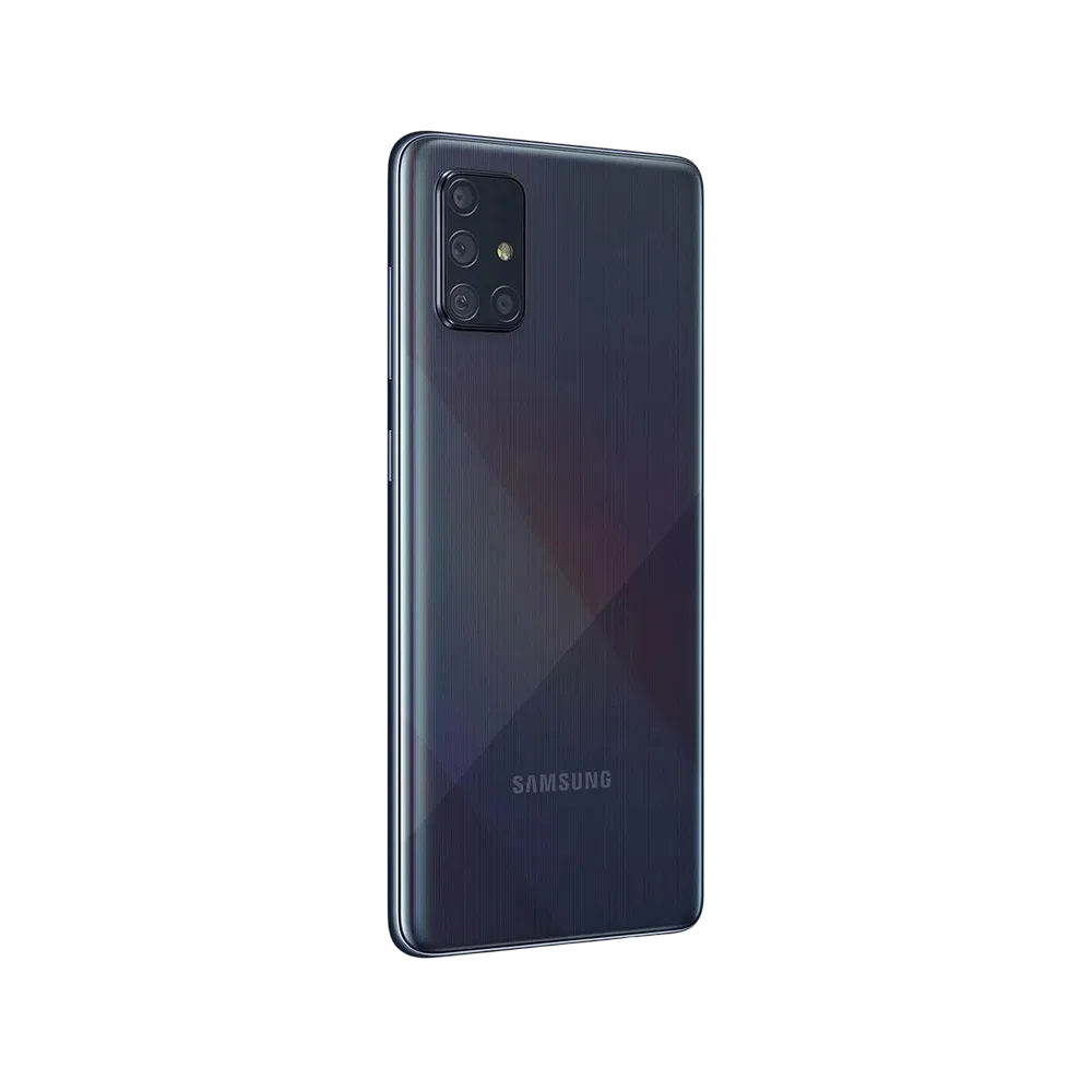 Samsung Galaxy A71 siyah akıllı telefon, arka yüzey ve dört kameralı modülün yakından görünümü