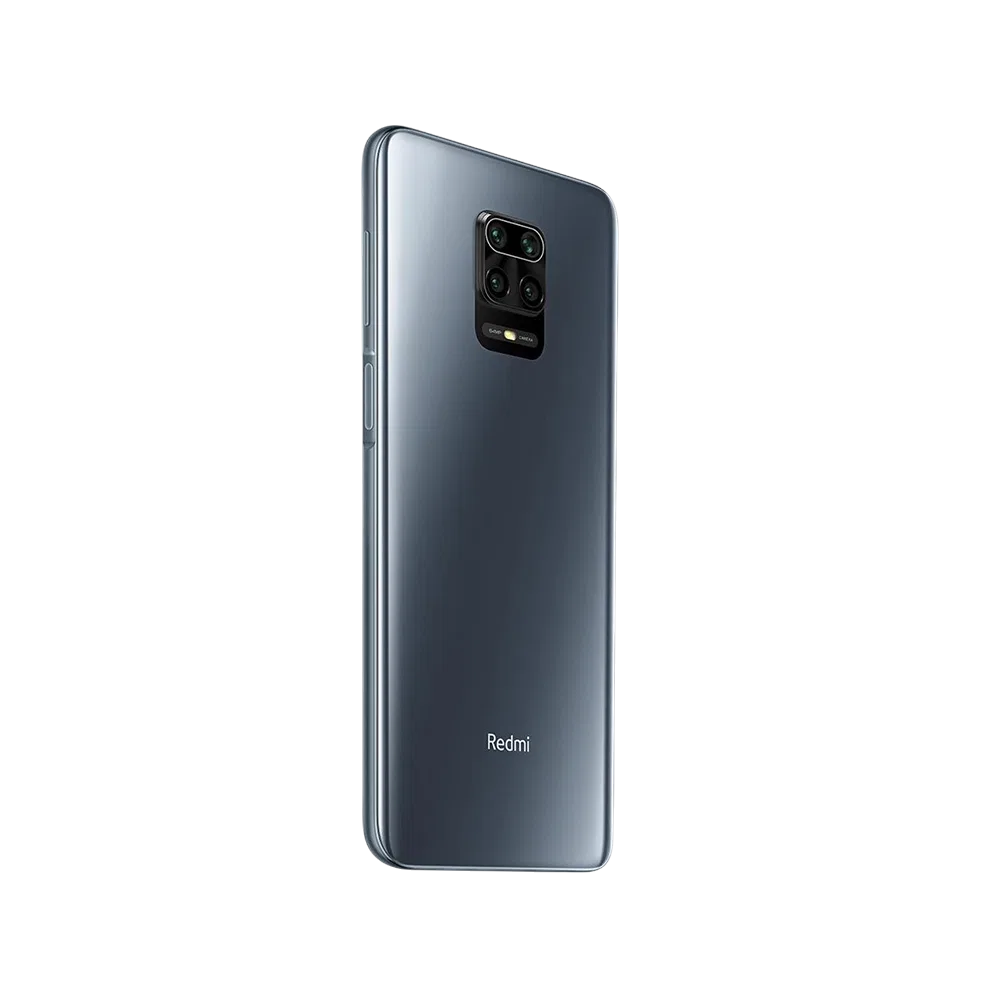 Xiaomi Redmi Note 9 Pro siyah akıllı telefonun arka yüzü, dörtlü kamera modülü ve Redmi logosu görünüyor