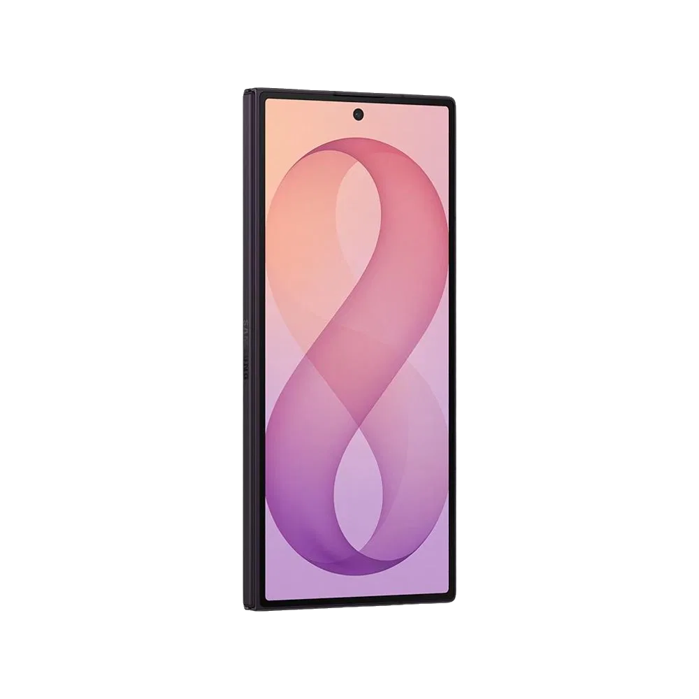 Samsung Galaxy Z Fold8 Ultra mor renkli katlanır telefon, ön ekranında soyut mor desen.