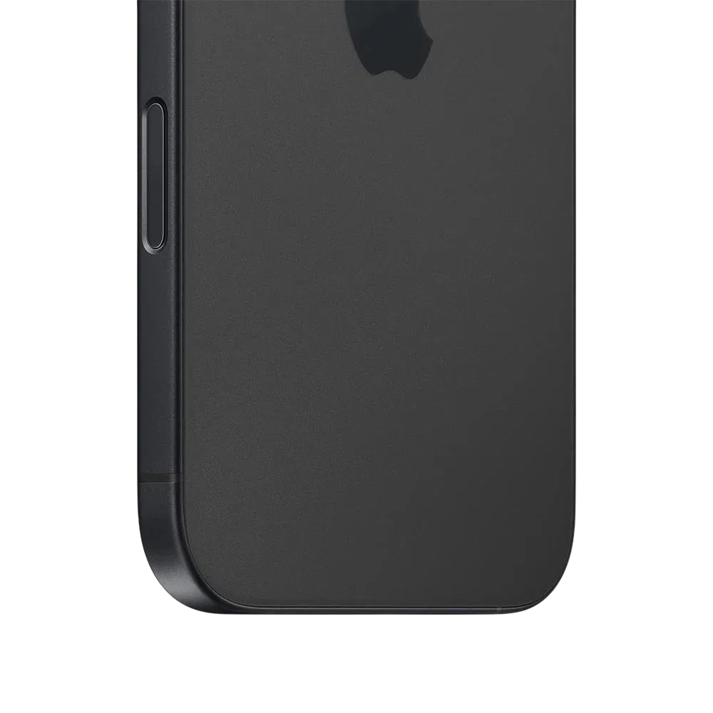 Apple iPhone 16 siyah akıllı telefonun arka yüzeyi, yandan ses tuşlarıyla yakın plan görünüm