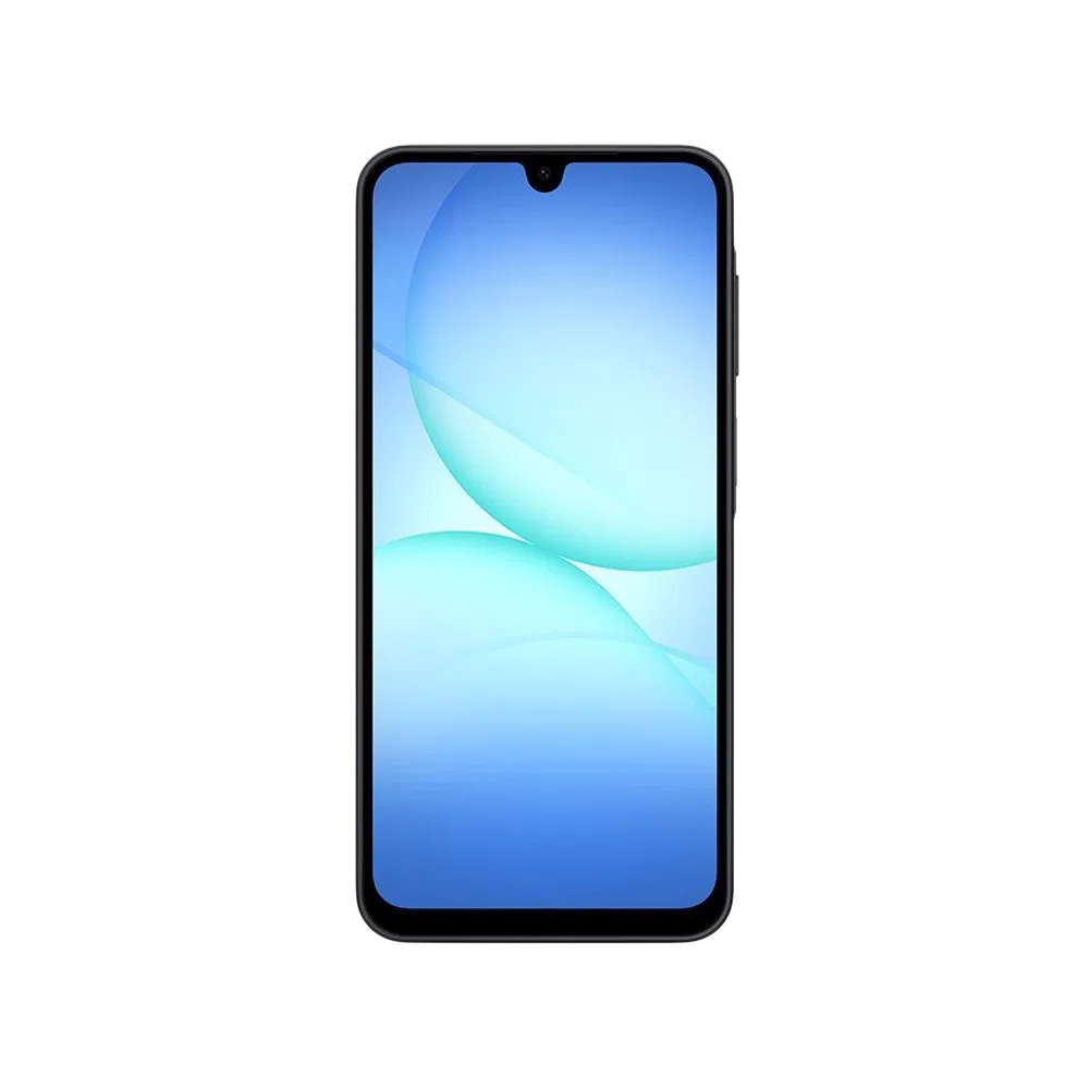 Samsung Galaxy A17 siyah akıllı telefon, önden görünüm, geniş ekran ve damla çentikli tasarım