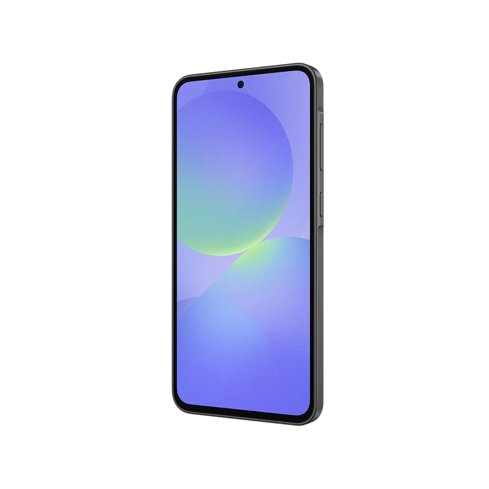 Samsung Galaxy A36 siyah akıllı telefon, ince çerçeveli ekran ve ön kamera deliğiyle önden görünüm