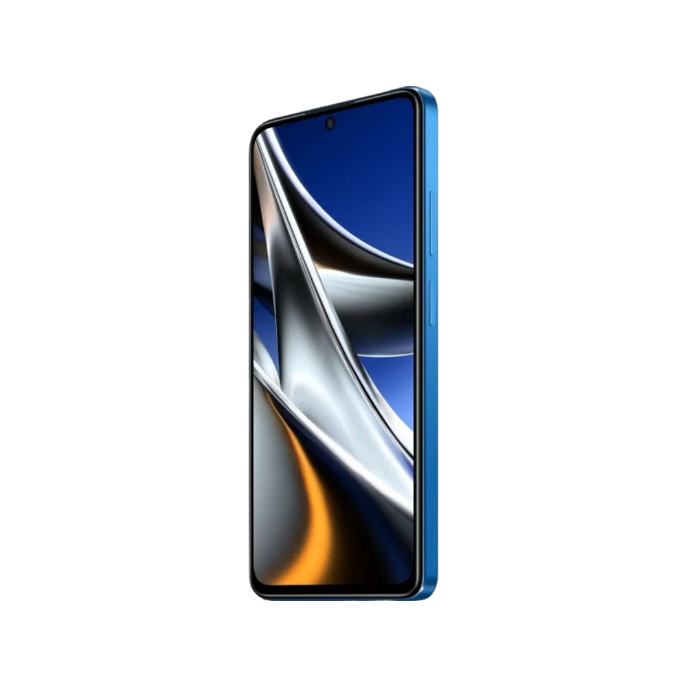 Mavi Poco X4 Pro akıllı telefon, ince çerçeveli ekranı ve yan profiliyle önden görünümde ցուցur