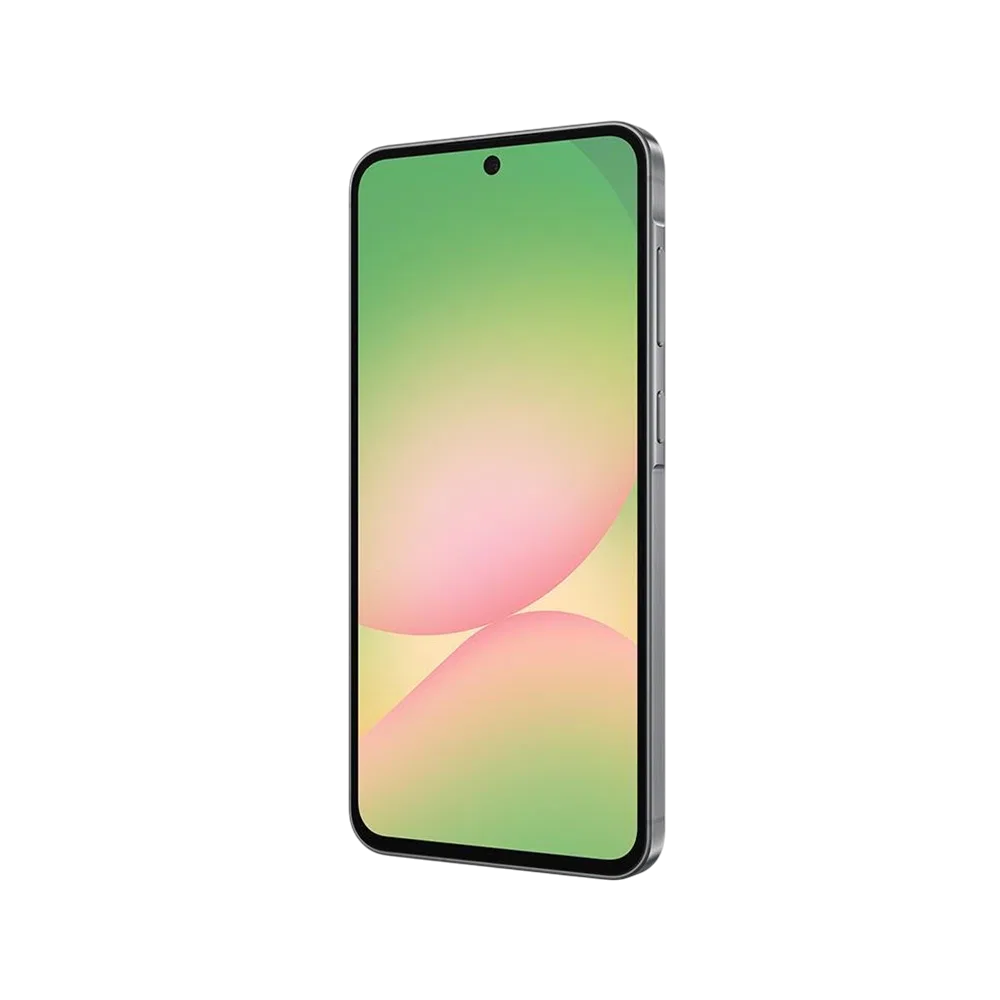 Samsung Galaxy A56 siyah akıllı telefon, ince çerçeveli ekran ve merkez ön kamera deliğiyle önden görünüm