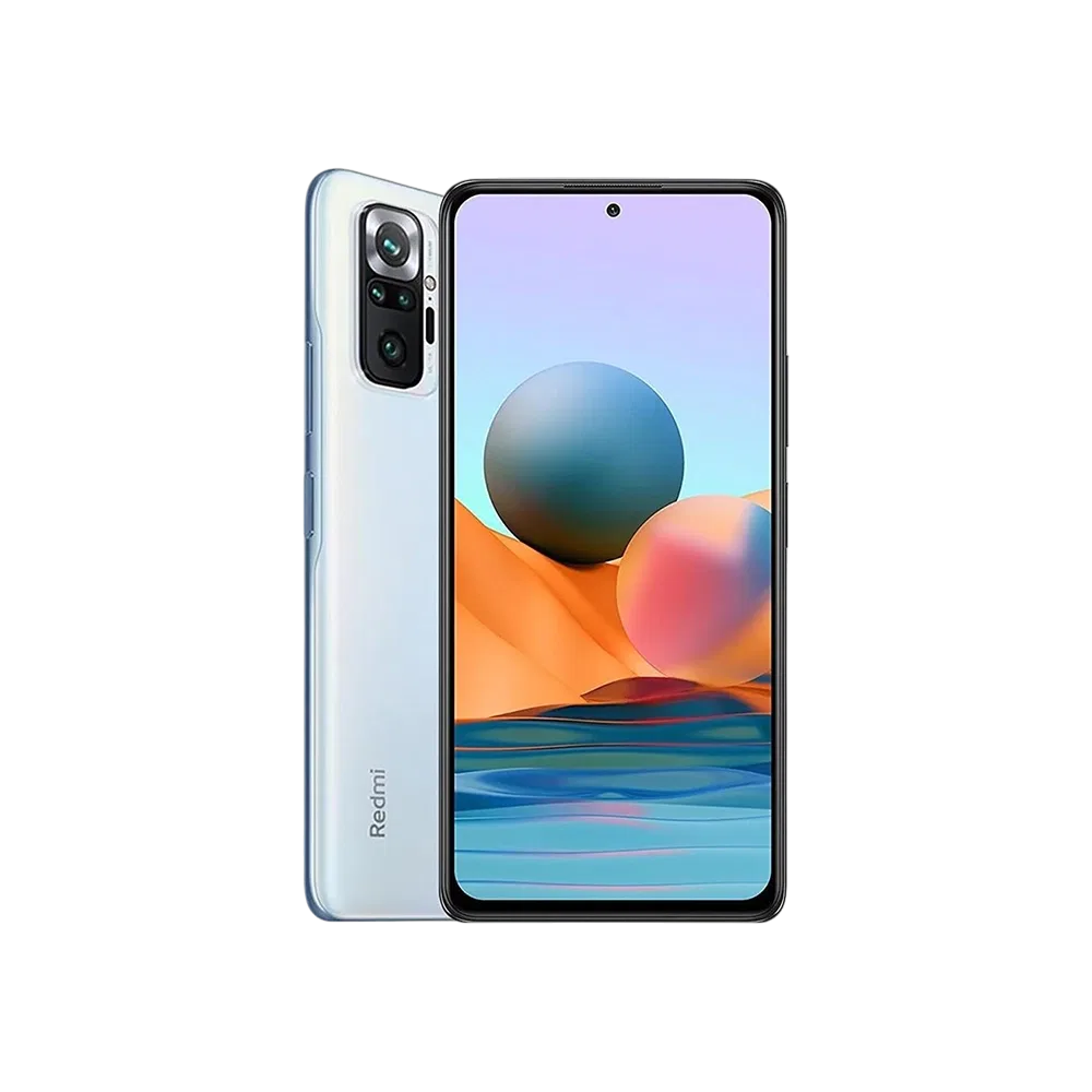 Xiaomi Redmi Note 10 Pro mavi akıllı telefon, ön ekran ve arka kamera modülü görünümü