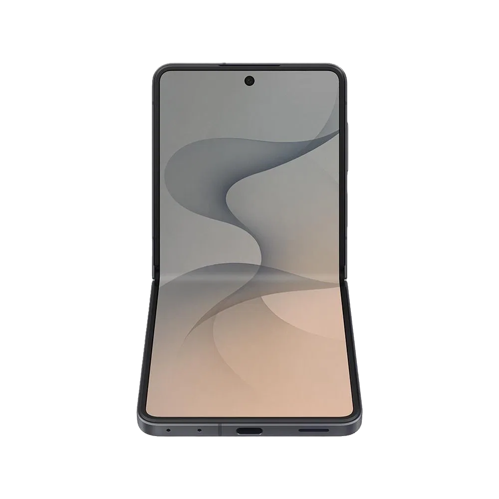 Samsung Galaxy Z Flip8 gri renk akıllı telefon, katlanır tasarım açık ekranda görünüyor