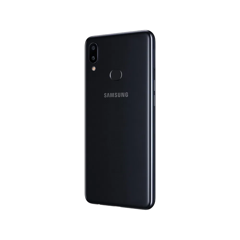 Siyah Samsung Galaxy A10s akıllı telefonun arka yüzü; çift kamera, parmak izi okuyucu ve logo detayı