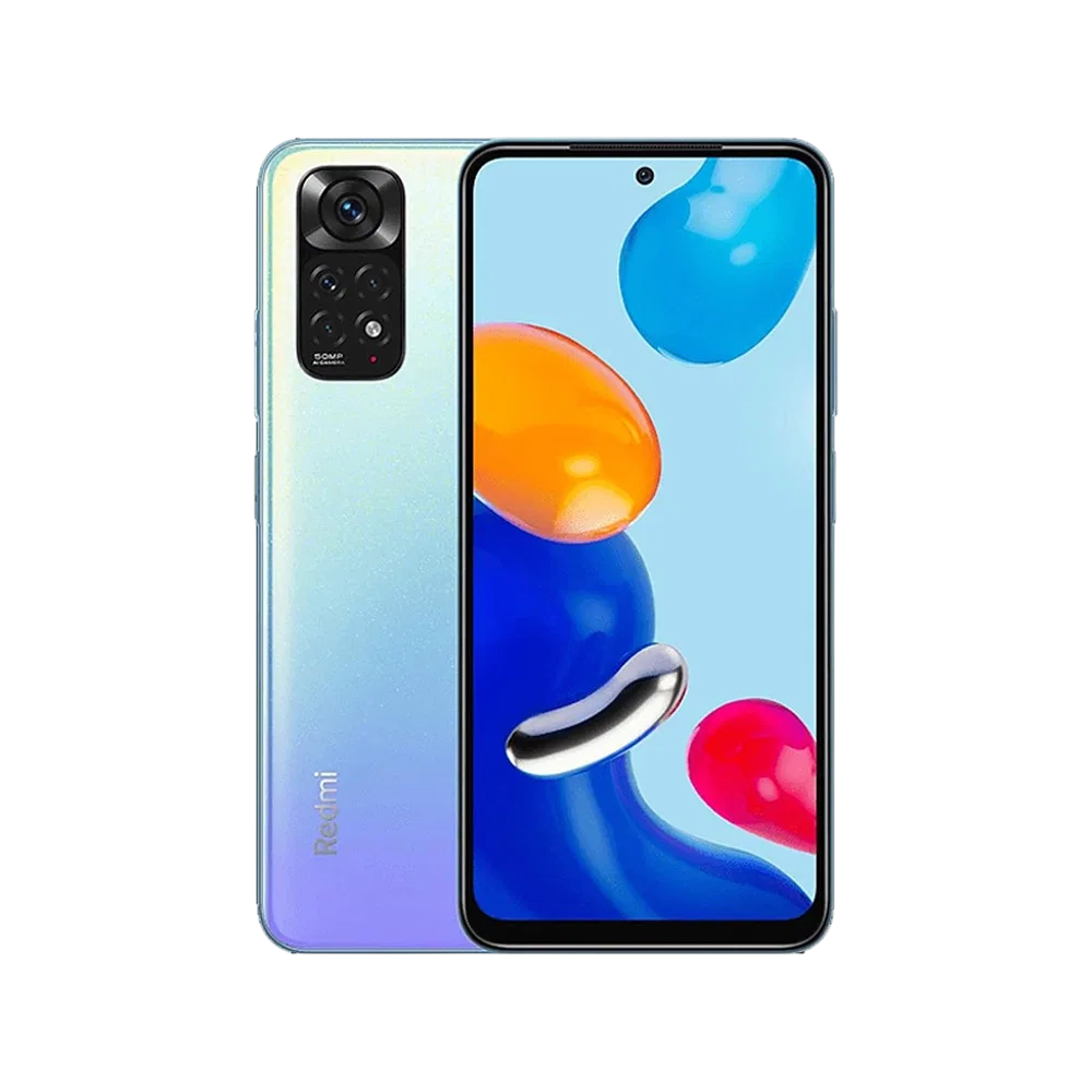Xiaomi Redmi Note 11 Buz Mavisi akıllı telefon, ön ekran ve arka kamera modülü detaylı görünüm