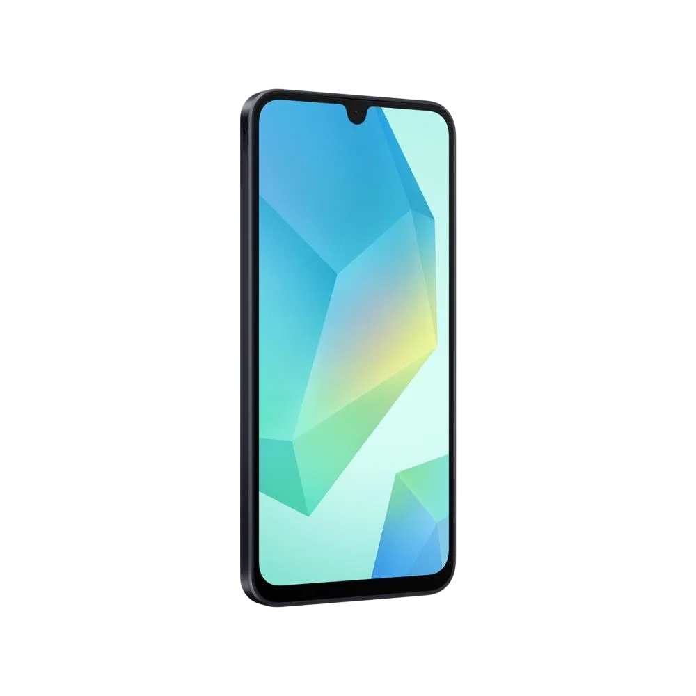 Samsung Galaxy A16 5G siyah akıllı telefon, ön yüz ekran tasarımı ve ince çerçeveli görünüm