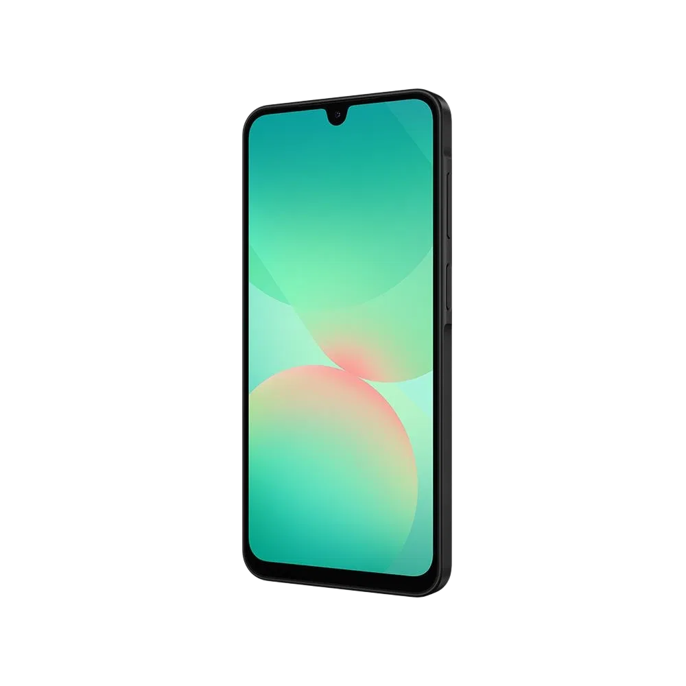 Samsung Galaxy A26 siyah akıllı telefon, ince çerçeveli ekran ve damla çentik tasarımıyla önden görünüm