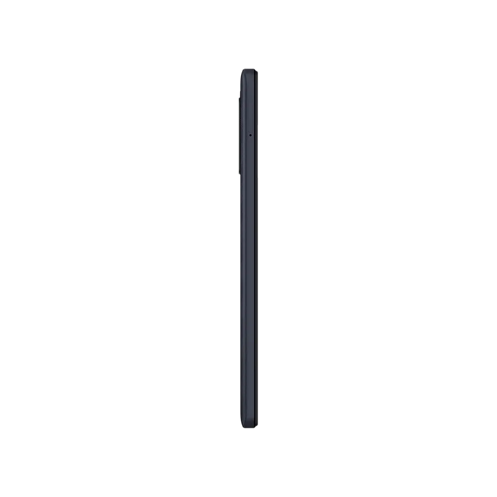 Xiaomi Redmi 12C siyah akıllı telefonun yandan görünümü, ince çerçeveli tasarım ve tuş detayları