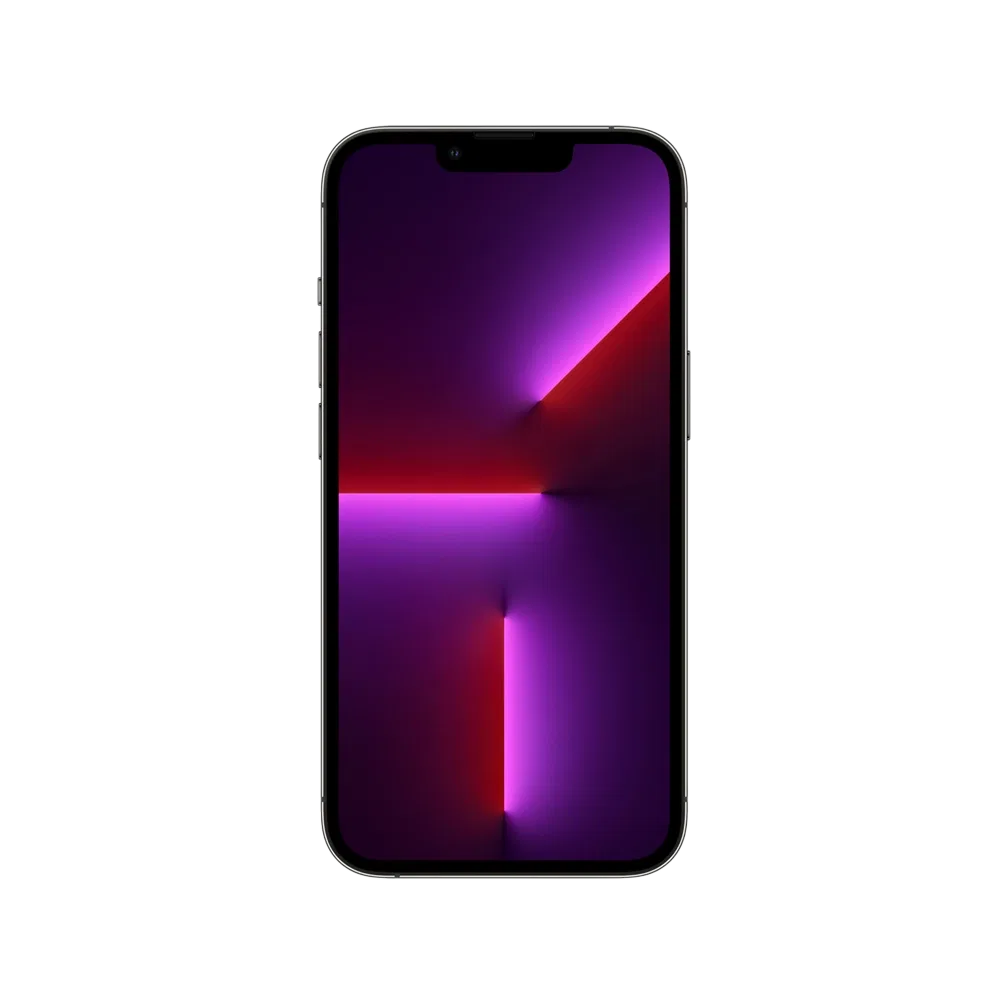 Apple iPhone 13 Pro siyah akıllı telefon, önden görünüm, çentikli ekran ve mor-kırmızı duvar kâğıdıyla