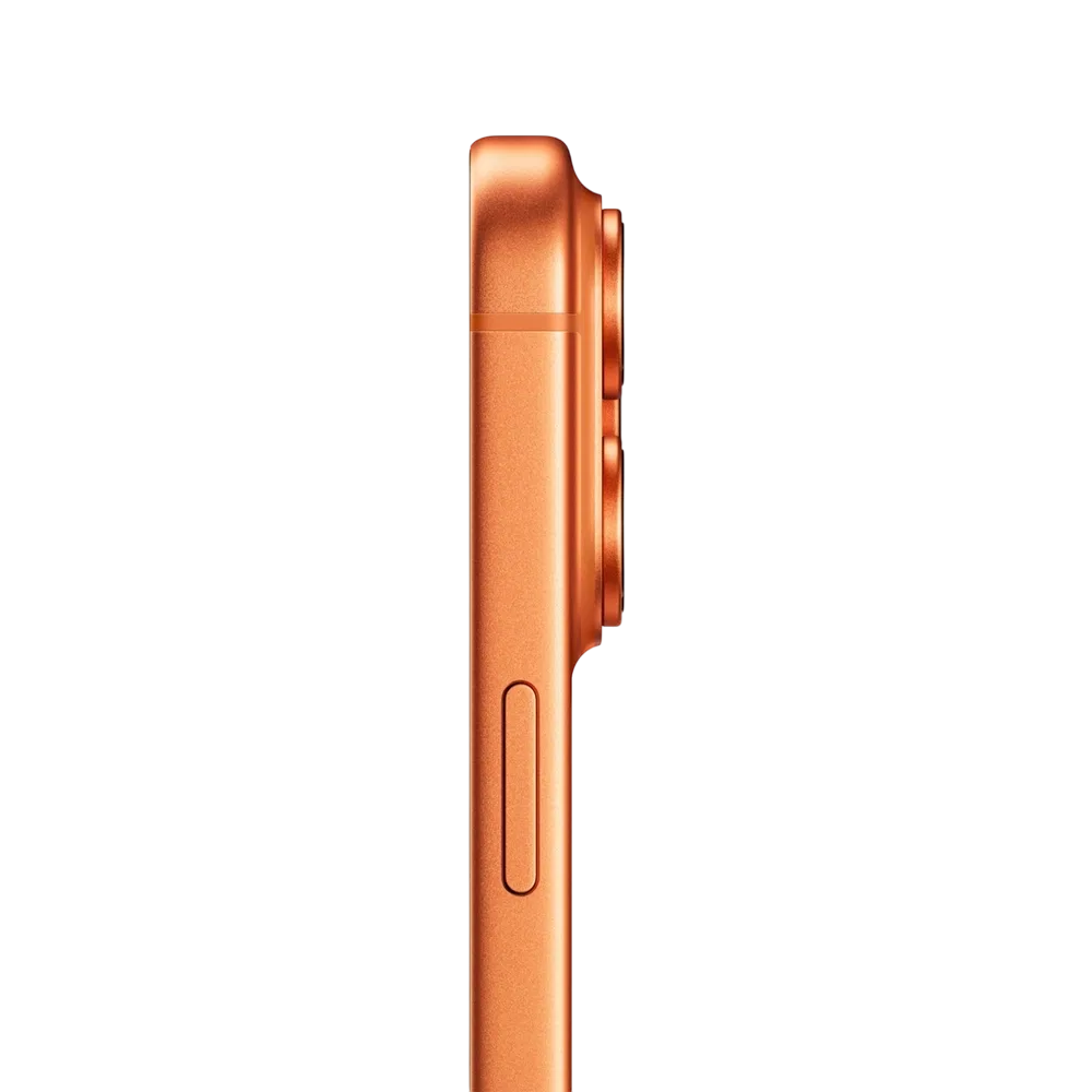 Turuncu Apple iPhone 17 Pro akıllı telefonun yandan görünümü, düz çerçeve ve arka kamera çıkıntısı