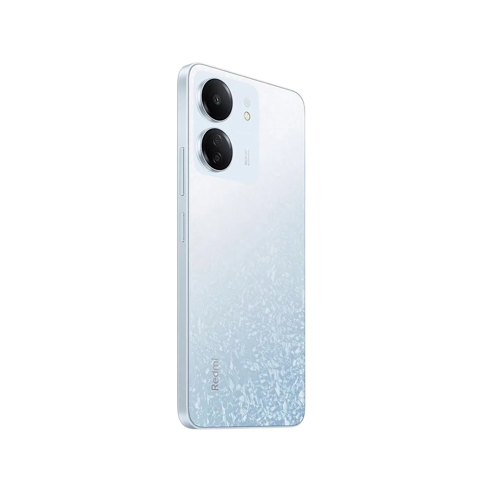 Xiaomi Redmi 13C beyaz akıllı telefon, çift arka kamera modülü ve parlak dokulu arka kapak görünümü