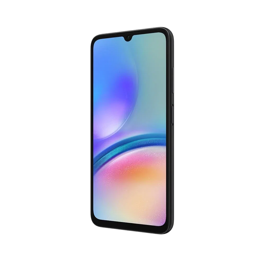 Samsung Galaxy A05s siyah akıllı telefon, önden ekran görünümü ve ince çerçeveli tasarım ile sergileniyor