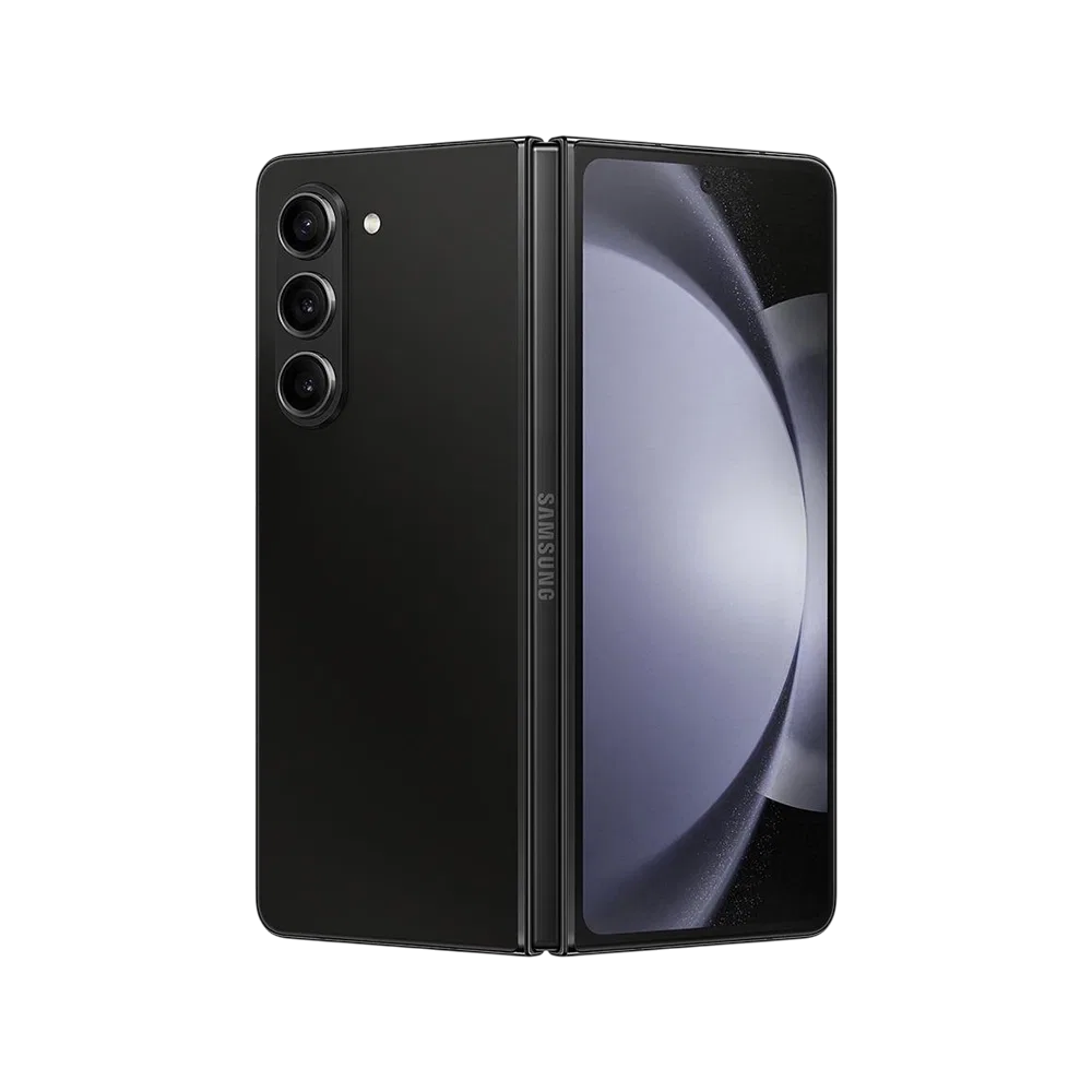 Siyah Samsung Galaxy Z Fold5 katlanabilir akıllı telefon, açık konumda geniş ekran ve üçlü kamera detaylı
