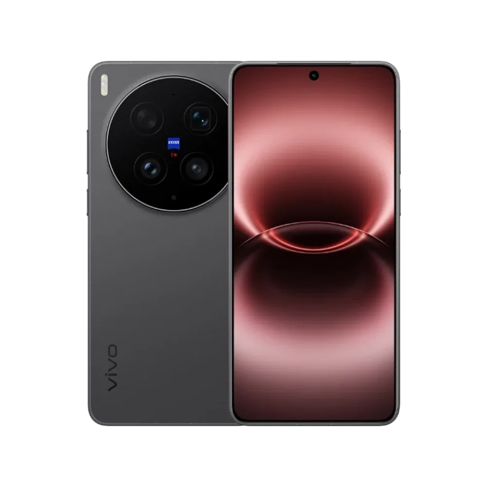 Siyah Vivo X300 Ultra akıllı telefon, önden ekran ve arkada büyük dairesel kamera modülüyle vitrin görünümü