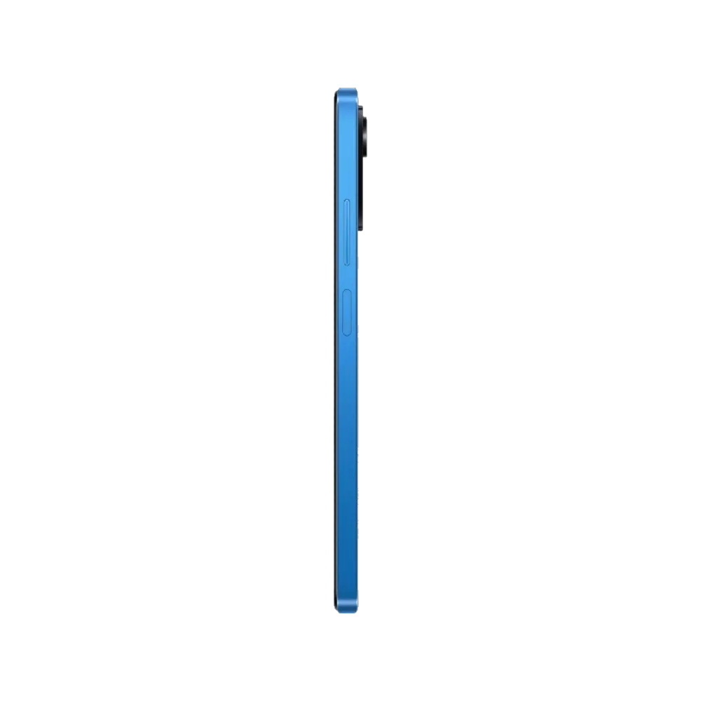 Mavi Poco X4 Pro akıllı telefonun yan profilden görünümü, ince gövde yapısı ve çıkıntılı kamera modülü
