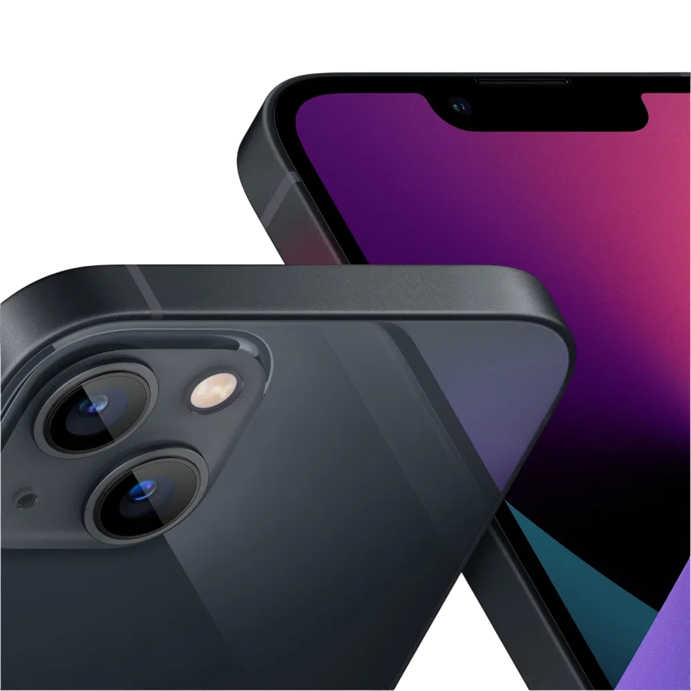 Apple iPhone 13 Mini siyah akıllı telefon, çift arka kamera yakın planı ve çentikli ekran görünümü